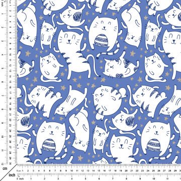 Mavi Zeminli Yıldızlı Kedi Desenli Kumaş