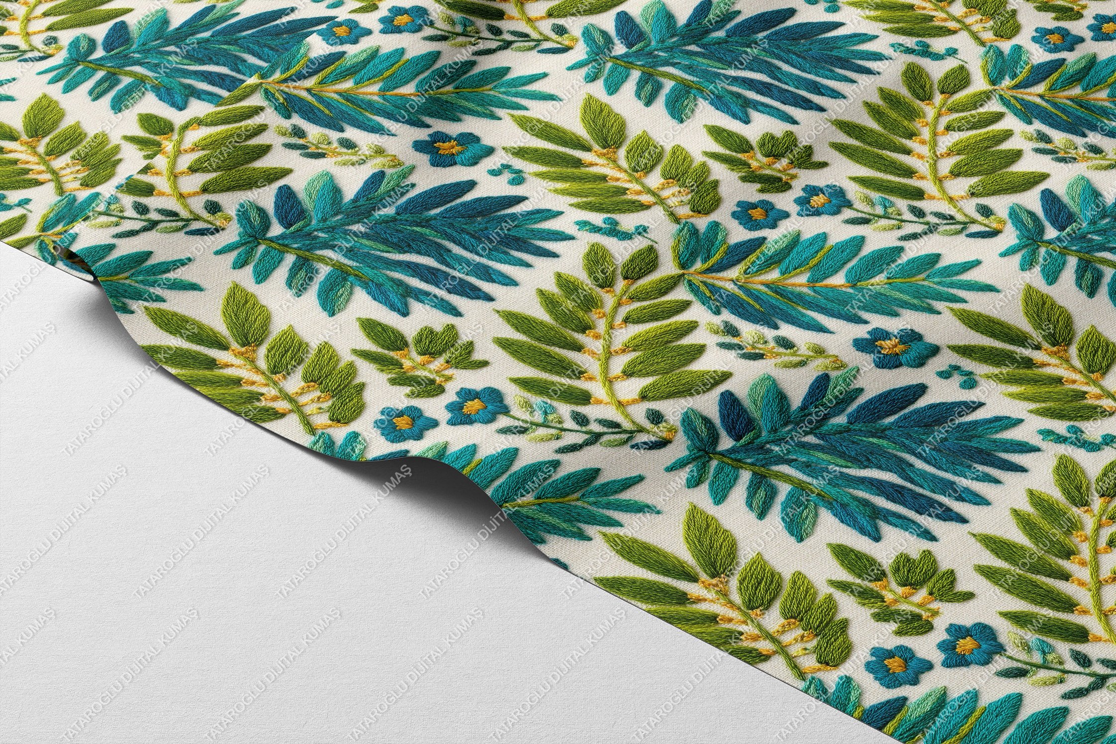 3D Tropikal Yapraklar – Nakış Efektli Botanik Dijital Baskı Kumaş