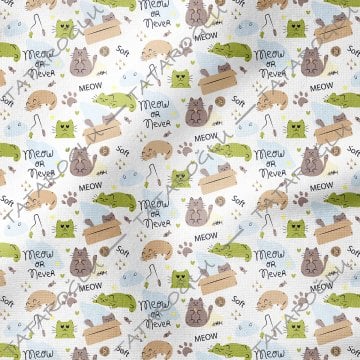 Fabric with Playful Brown Green Cats on a White Background