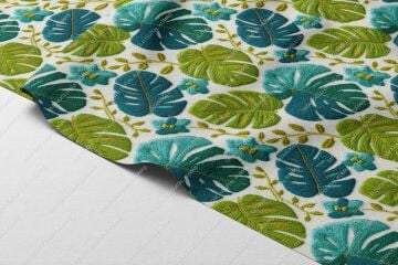 3D Tropikal Yaprak ve Çiçek Nakış Efektli Kumaş