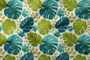 3D Tropikal Yaprak ve Çiçek Nakış Efektli Kumaş