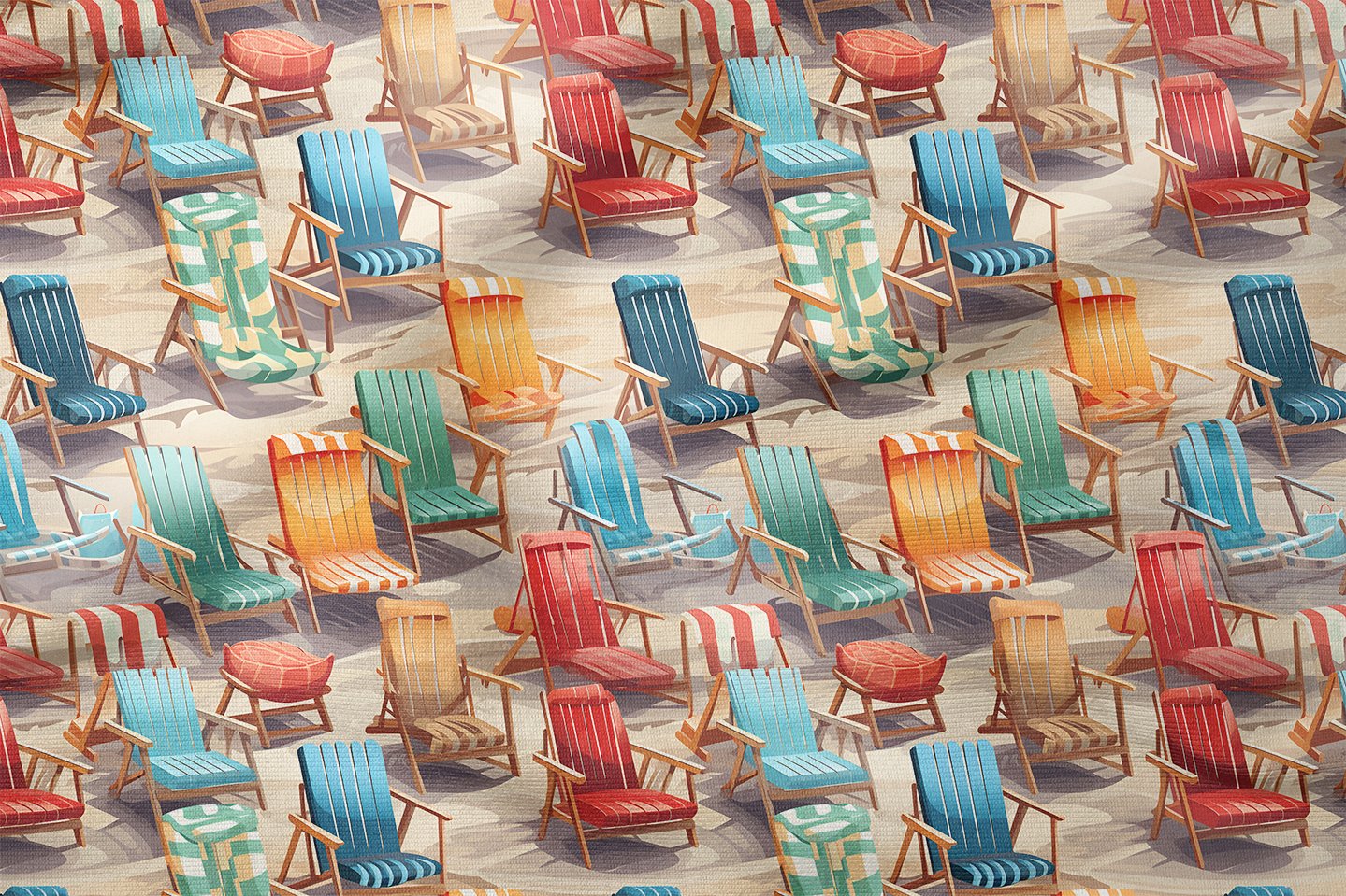Yaz Koleksiyonu Vintage Ahşap Rengarenk Plaj Sandalyesi ve Sahil Kumlar Desenli Çok Amaçlı Dekoratif Dijital Baskı Kumaş