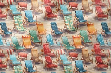 Yaz Koleksiyonu Vintage Ahşap Rengarenk Plaj Sandalyesi ve Sahil Kumlar Desenli Çok Amaçlı Dekoratif Dijital Baskı Kumaş