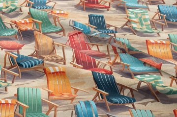 Yaz Koleksiyonu Vintage Ahşap Rengarenk Plaj Sandalyesi ve Sahil Kumlar Desenli Çok Amaçlı Dekoratif Dijital Baskı Kumaş