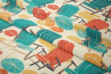 Yaz Koleksiyonu Vintage Ahşap Rengarenk Plaj Sandalyesi ve Sahil Kumlar Desenli Çok Amaçlı Dekoratif Dijital Baskı Kumaş