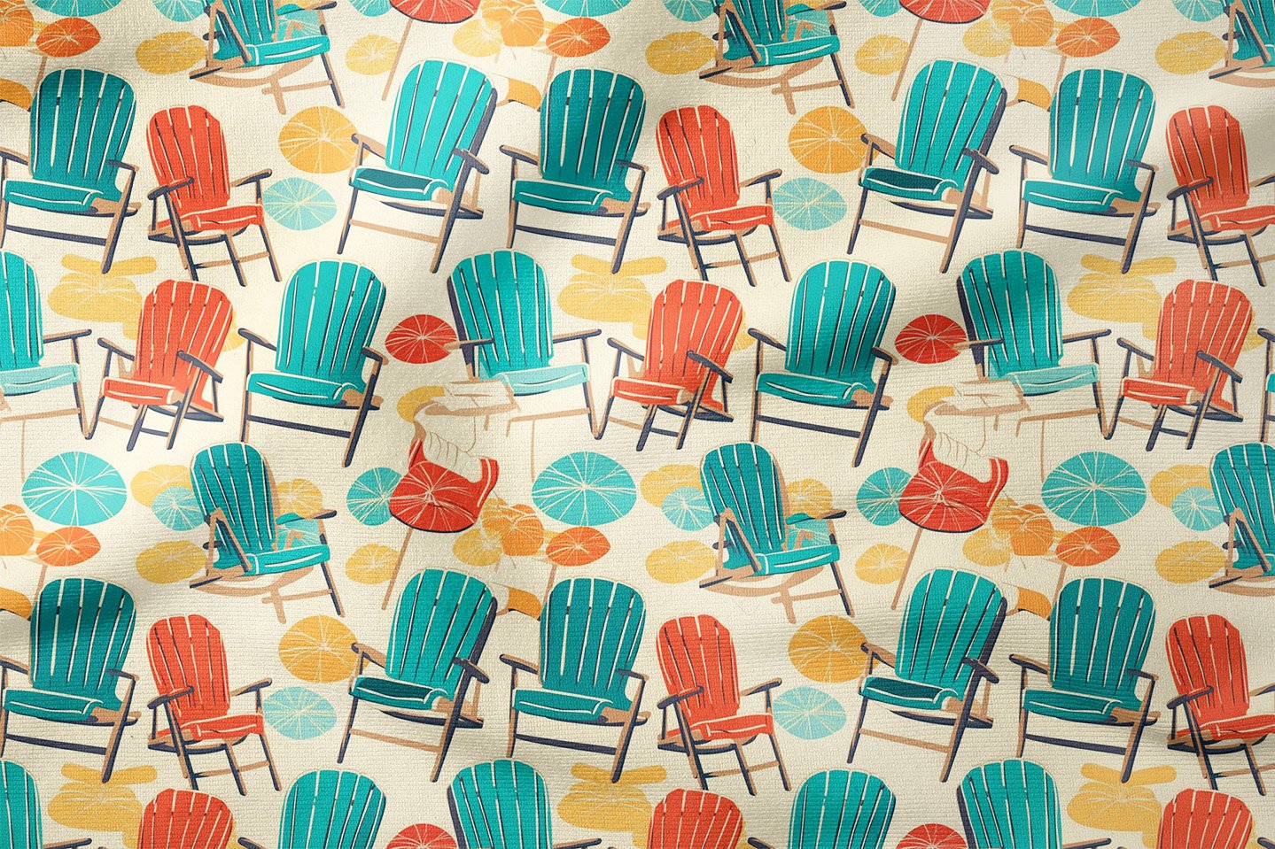 Yaz Koleksiyonu Vintage Ahşap Rengarenk Plaj Sandalyesi ve Sahil Kumlar Desenli Çok Amaçlı Dekoratif Dijital Baskı Kumaş
