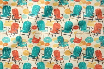 Yaz Koleksiyonu Vintage Ahşap Rengarenk Plaj Sandalyesi ve Sahil Kumlar Desenli Çok Amaçlı Dekoratif Dijital Baskı Kumaş