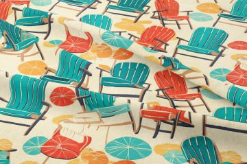 Yaz Koleksiyonu Vintage Ahşap Rengarenk Plaj Sandalyesi ve Sahil Kumlar Desenli Çok Amaçlı Dekoratif Dijital Baskı Kumaş