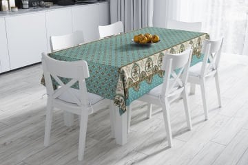 Cape Cool Koleksiyonu - Turkuaz Kahve Tonlu Etnik Masa Örtüsü Dikişsiz