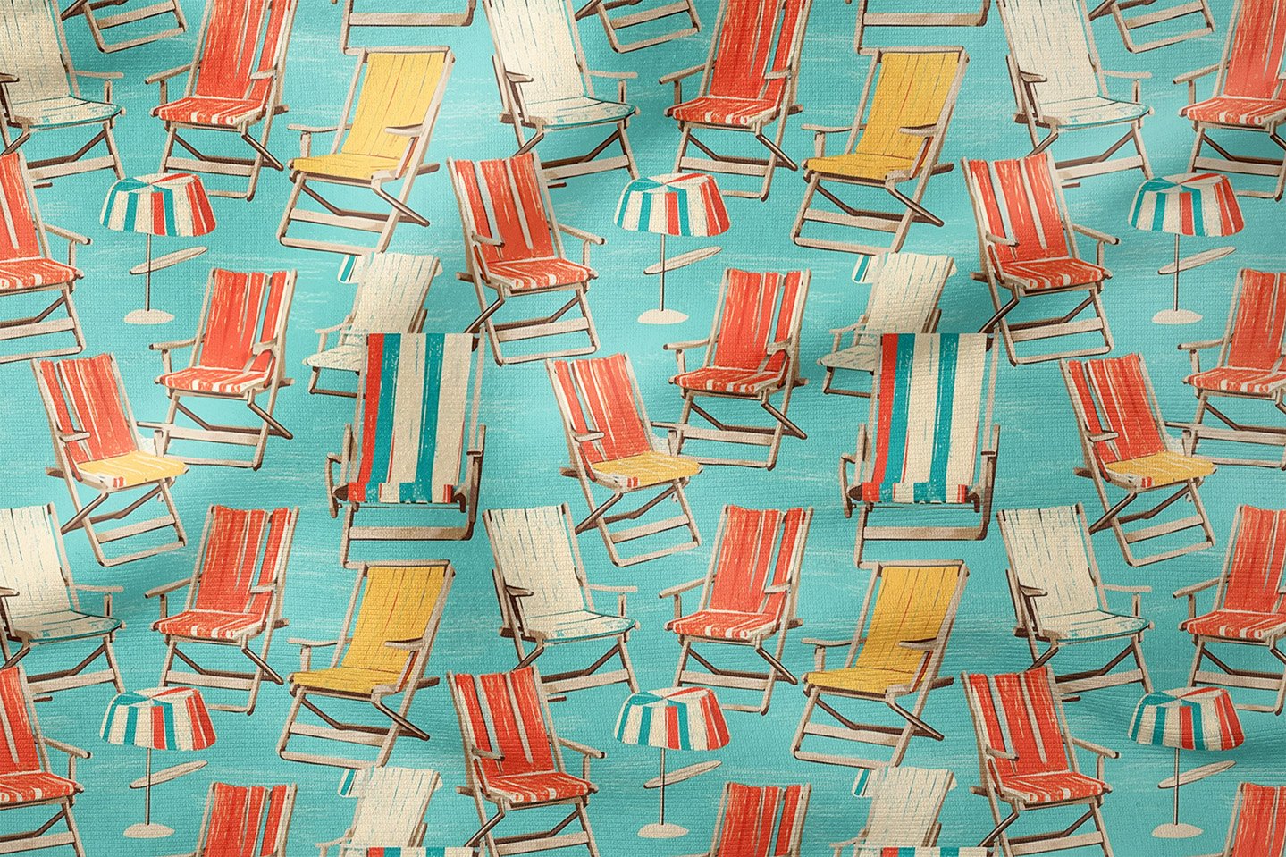 Şezlong Desenli Kumaş Retro Plaj Temalı Kumaş, Yazlık Sahil Kumaşı, Marine Dekor Kumaşı, Vintage Beach Fabric, Metre ile Kumaş
