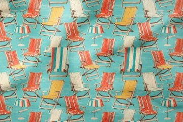 Yaz Koleksiyonu Turkuaz Zeminli Vintage Ahşap Rengarenk Plaj Sandalyeleri, Sahil Kumsal Şezlonglar Desenli Çok Amaçlı Dekoratif Dijital Baskı Kumaş