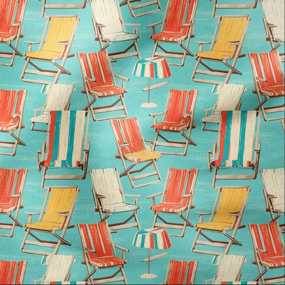 Şezlong Desenli Kumaş Retro Plaj Temalı Kumaş, Yazlık Sahil Kumaşı, Marine Dekor Kumaşı, Vintage Beach Fabric, Metre ile Kumaş