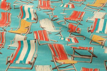 Şezlong Desenli Kumaş Retro Plaj Temalı Kumaş, Yazlık Sahil Kumaşı, Marine Dekor Kumaşı, Vintage Beach Fabric, Metre ile Kumaş