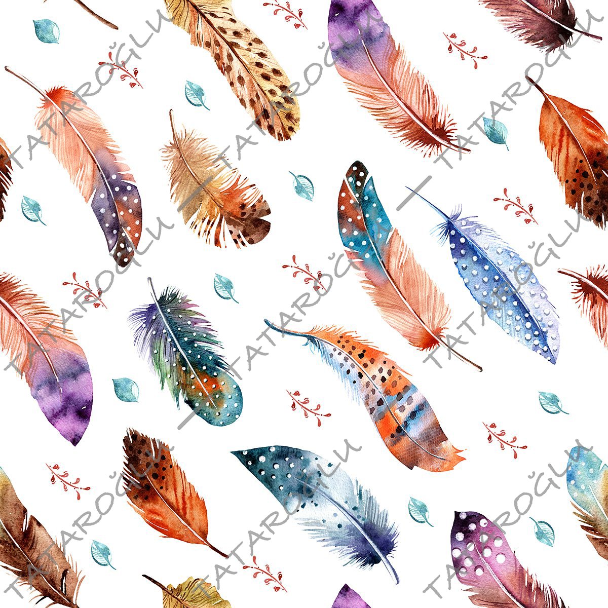 Fabric with Colorful Bird Feather Watercolor Pattern on White Background