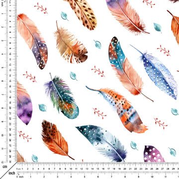 Fabric with Colorful Bird Feather Watercolor Pattern on White Background