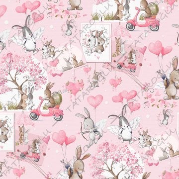 Pembe Zeminli Aşk Yaşayan Sevimli Tavşanlı Kumaş