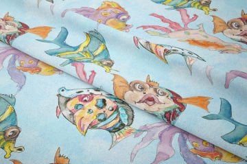 Balık Desenli Kumaş Renkli Deniz Temalı Kumaş, Çocuk Odası Kumaşı, Yazlık Dekor Kumaşı, Marine Desen Kumaş, Metre ile Kumaş