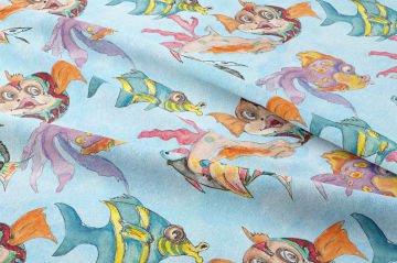 Balık Desenli Kumaş Renkli Deniz Temalı Kumaş, Çocuk Odası Kumaşı, Yazlık Dekor Kumaşı, Marine Desen Kumaş, Metre ile Kumaş