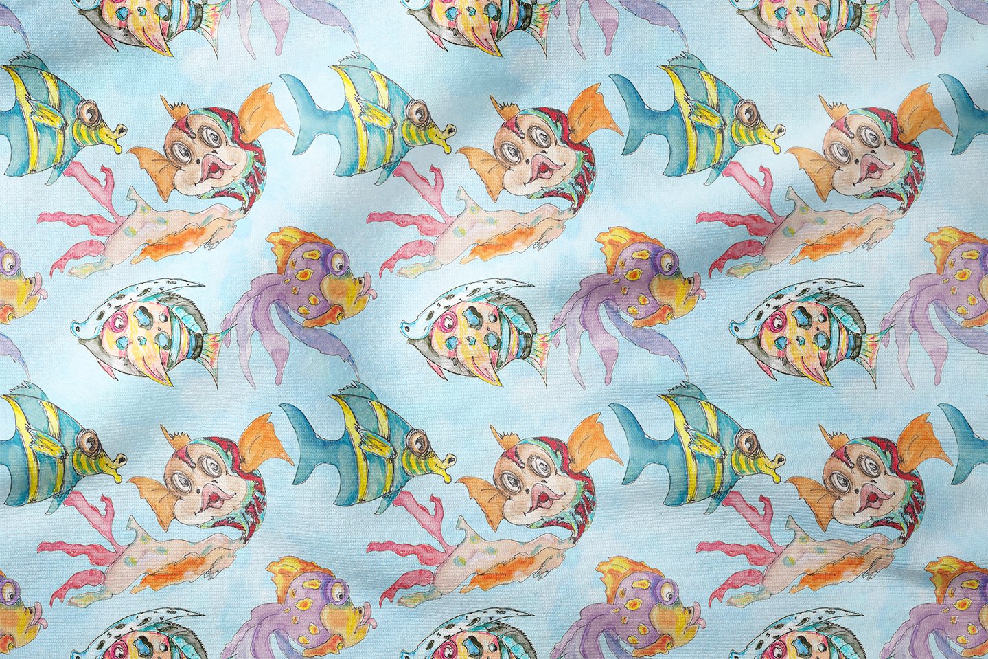 Balık Desenli Kumaş Renkli Deniz Temalı Kumaş, Çocuk Odası Kumaşı, Yazlık Dekor Kumaşı, Marine Desen Kumaş, Metre ile Kumaş