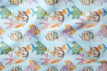 Летняя коллекция бирюзовый подводный мир акварельный эффект удивленная рыба декоративная морская жизнь винтажный стиль узорчатый многоцелевой декоративный цифровой принт ткань