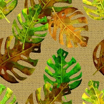 Colorful Camel Base Leaf Digital Printed Fabric on Jute Effect Background