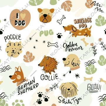Beyaz Zeminli Renkli Köpek Desenli Kumaş
