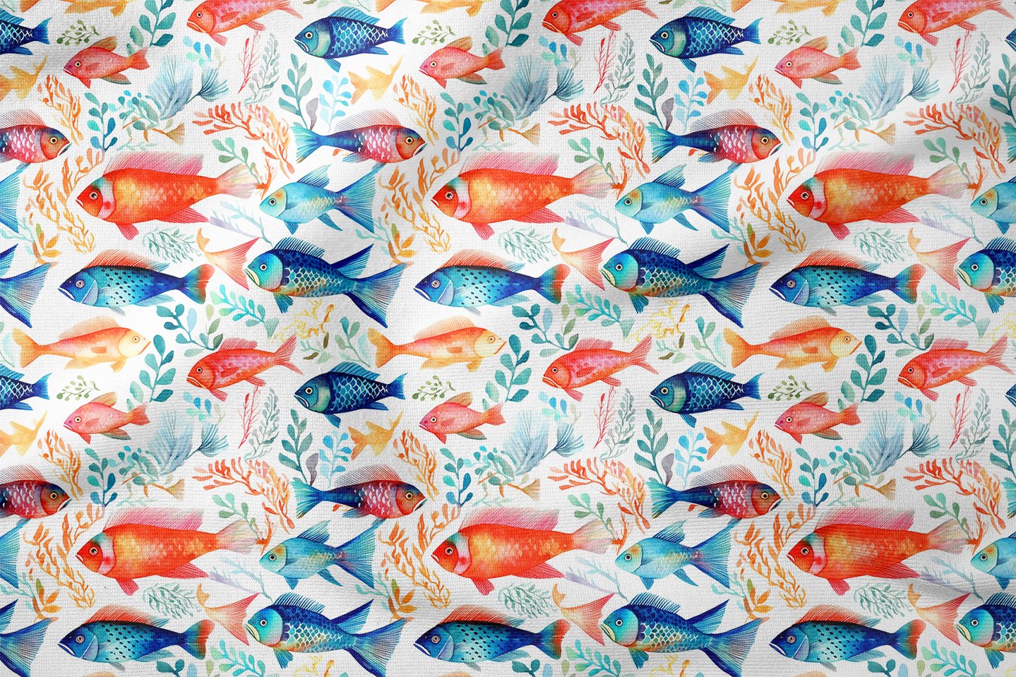 Beyaz Balık Kumaşı, Renkli Deniz Temalı Dekor Kumaşı