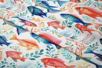 Beyaz Balık Kumaşı, Renkli Deniz Temalı Dekor Kumaşı