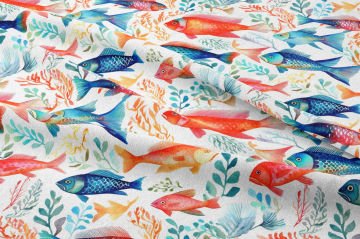Beyaz Balık Kumaşı, Renkli Deniz Temalı Dekor Kumaşı