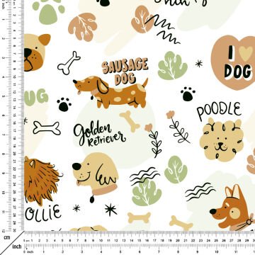 Beyaz Zeminli Renkli Köpek Desenli Kumaş