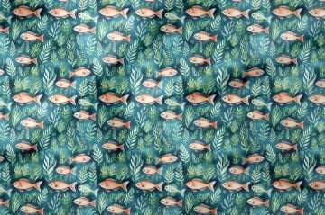 Летняя коллекция Акварельный эффект Подводная жизнь Оранжевые рыбы на зеленом фоне Многоцелевая декоративная ткань с цифровой печатью