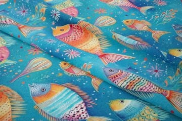 Boho Balık Kumaşı, Pastel Deniz Temalı Dekor Kumaşı
