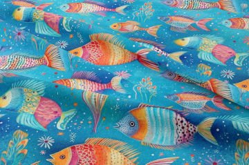 Boho Balık Kumaşı, Pastel Deniz Temalı Dekor Kumaşı