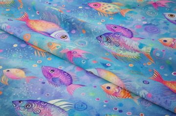 Pastel Balık Kumaşı, Suluboya Deniz Temalı Kumaş