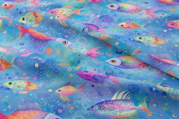 Pastel Balık Kumaşı, Suluboya Deniz Temalı Kumaş