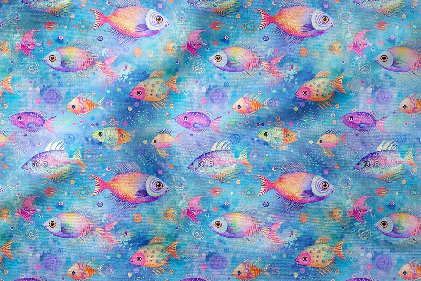 Pastel Balık Kumaşı, Suluboya Deniz Temalı Kumaş