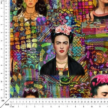 Renkli Geometrik Zeminli Frida Kahlo Desenli Kumaş