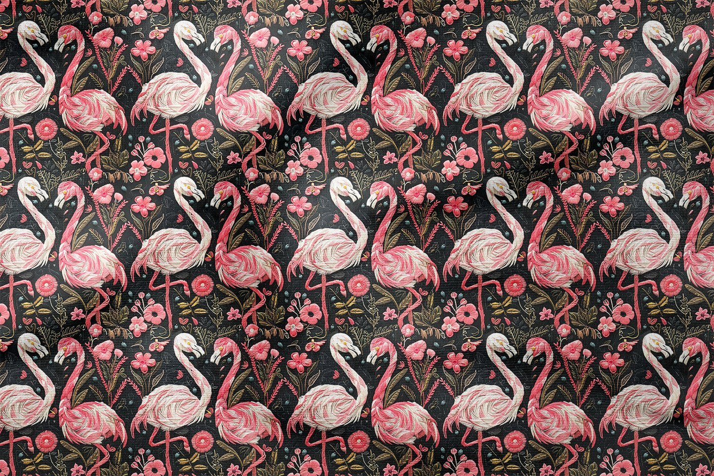 İğne Oyalı Flamingo Desenli Dijital Baskı Kumaş(SONBAHAR İNDİRİMİ)