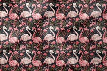 İğne Oyalı Flamingo Desenli Dijital Baskı Kumaş(SONBAHAR İNDİRİMİ)