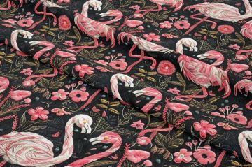 İğne Oyalı Flamingo Desenli Dijital Baskı Kumaş(SONBAHAR İNDİRİMİ)