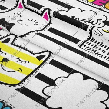 Siyah Beyaz Çizgili Zeminli Gökkuşaklı Kedi Desenli Kumaş