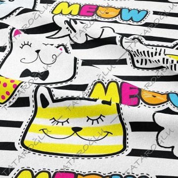 Siyah Beyaz Çizgili Zeminli Gökkuşaklı Kedi Desenli Kumaş