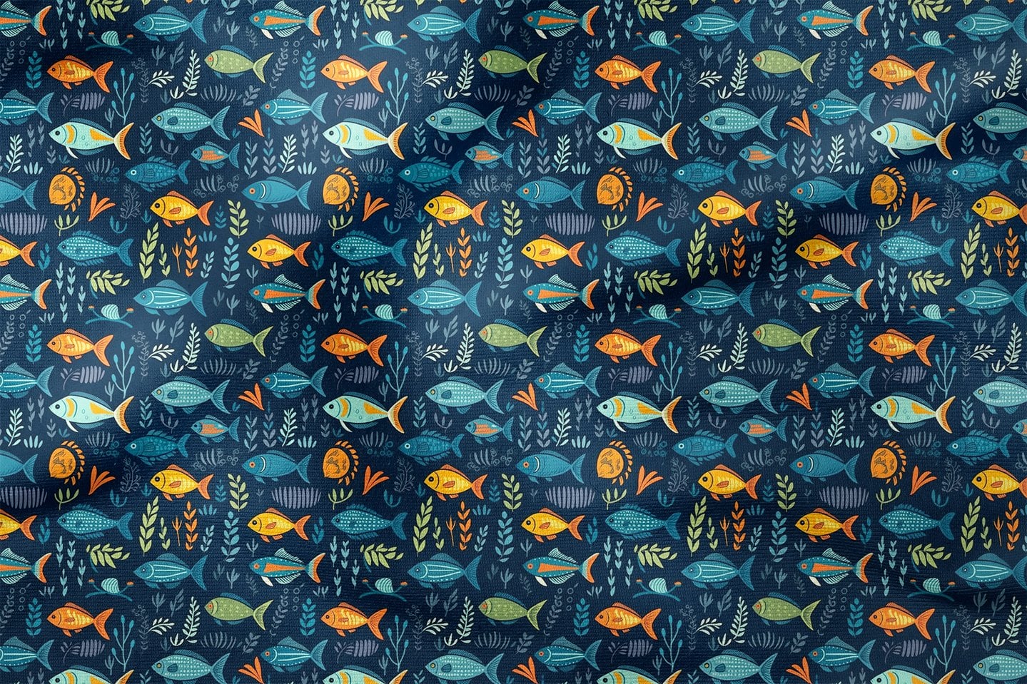 Summer Collection Navy Blue Watercolour Effect Geometric Undersea Life Rainbow Fish Multi-Purpose Decorative Digital Print Fabric