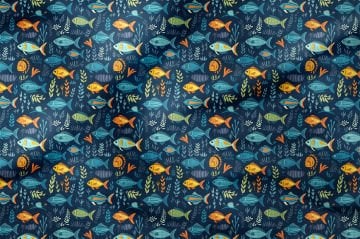 Летняя коллекция Темно-синяя акварельная ткань с геометрическим рисунком подводной жизни и радужными рыбками, многоцелевая декоративная ткань с цифровым принтом