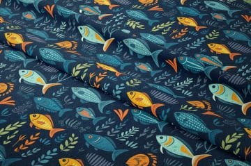 Summer Collection Navy Blue Watercolour Effect Geometric Undersea Life Rainbow Fish Multi-Purpose Decorative Digital Print Fabric
