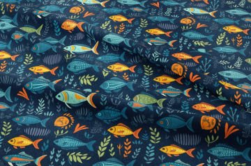 Summer Collection Navy Blue Watercolour Effect Geometric Undersea Life Rainbow Fish Multi-Purpose Decorative Digital Print Fabric