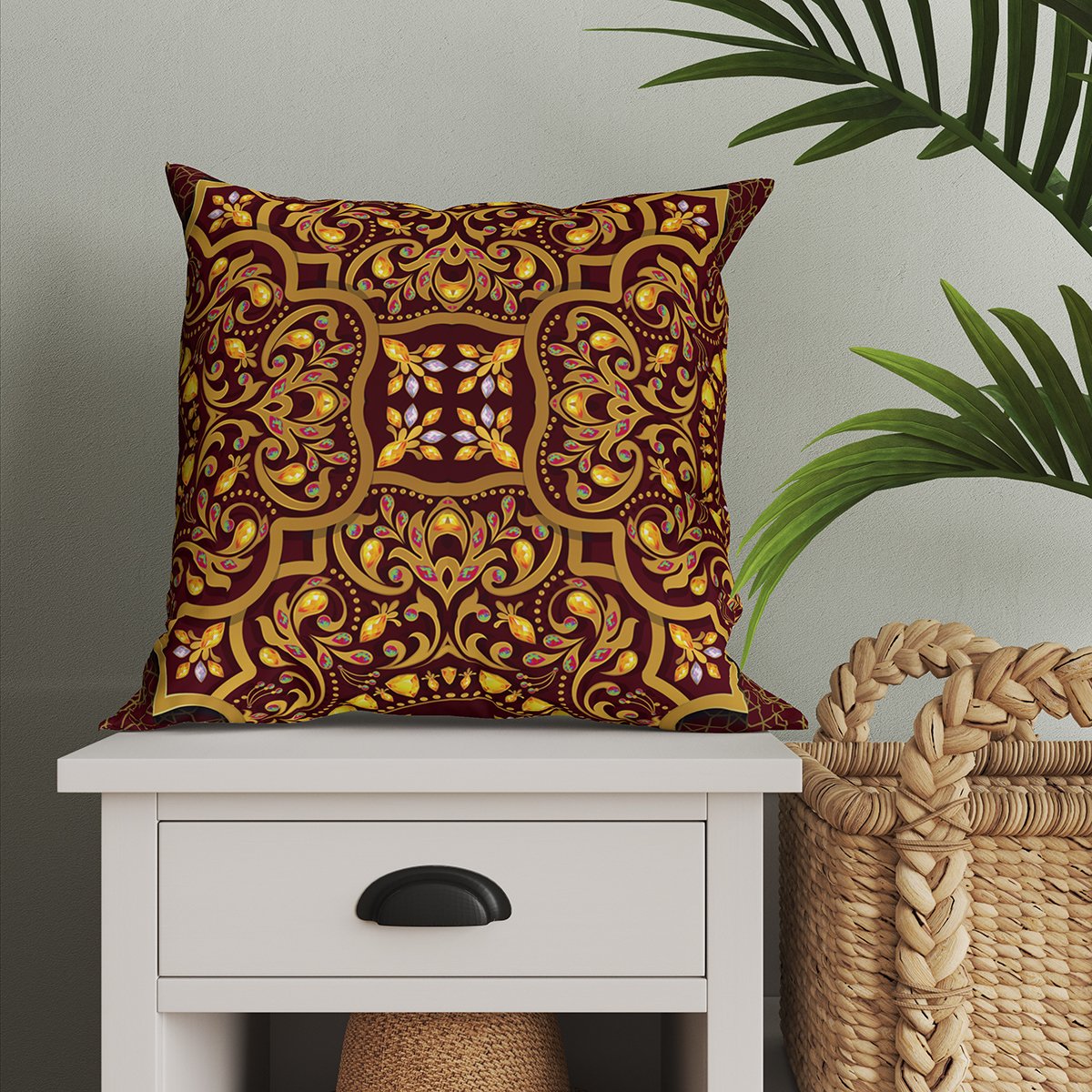 Bordo-Gold Kandilli Ramazan Model 1-Pano Kırlent 2'li Set Dikilmemiş