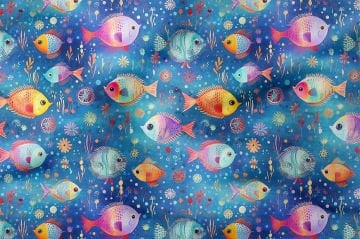 Летняя коллекция Темно-синяя акварельная ткань с геометрическим рисунком подводной жизни и радужными рыбками, многоцелевая декоративная ткань с цифровым принтом