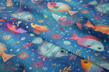 Renkli Balık Kumaşı, Deniz Temalı Çocuk Dekor Kumaşı