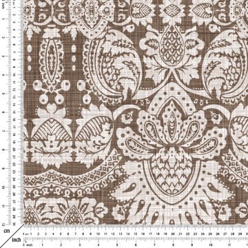 Kahve Krem Keten Efektli Damask Desenli Kumaş